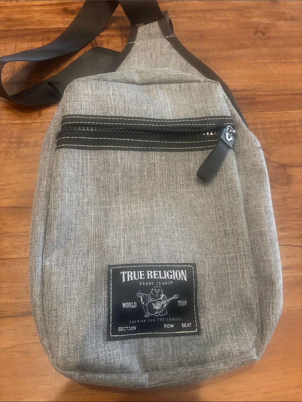 True Religion Gray Crossbody Sling Bag with Front Zip Pocket